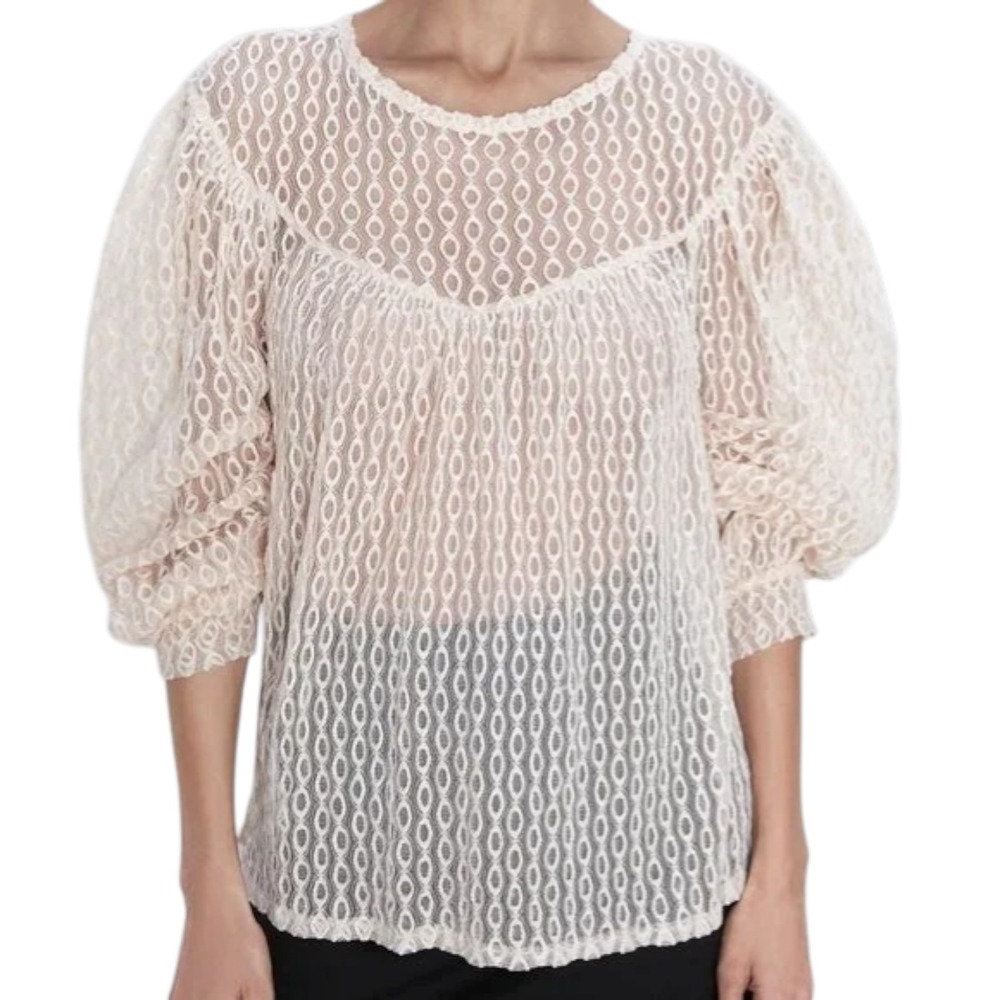 Zara Lace Blouse Cream Puff Sleeve Sheer Textured Boho Peasant Coquette Top‎ S